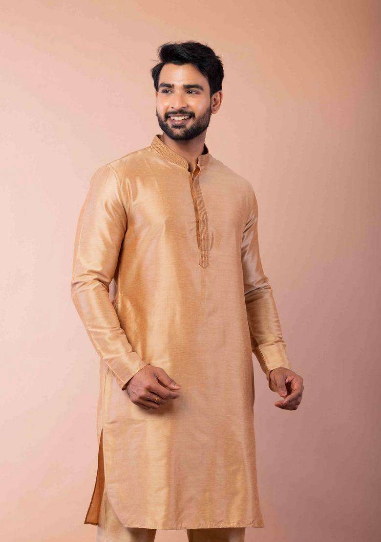 Beige Embroidery Silk Blend Kurta For Men - Indya