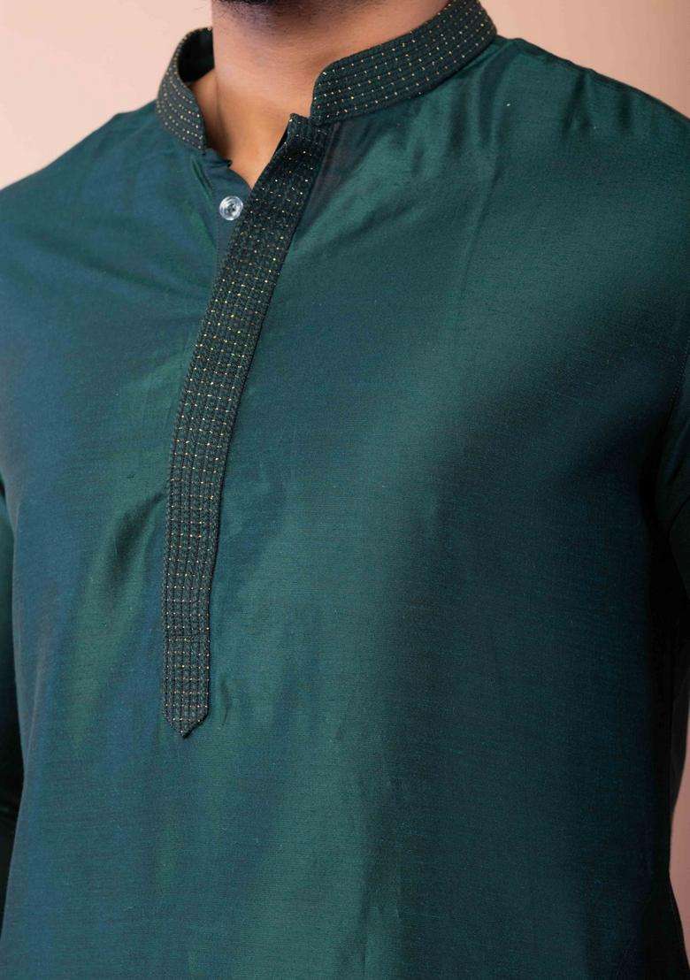 Green Embroidery Silk Kurta Set For Men - Indya