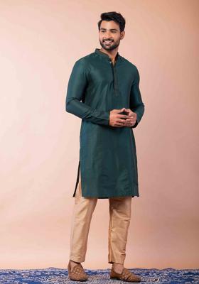 Green Embroidery Silk Kurta Set For Men