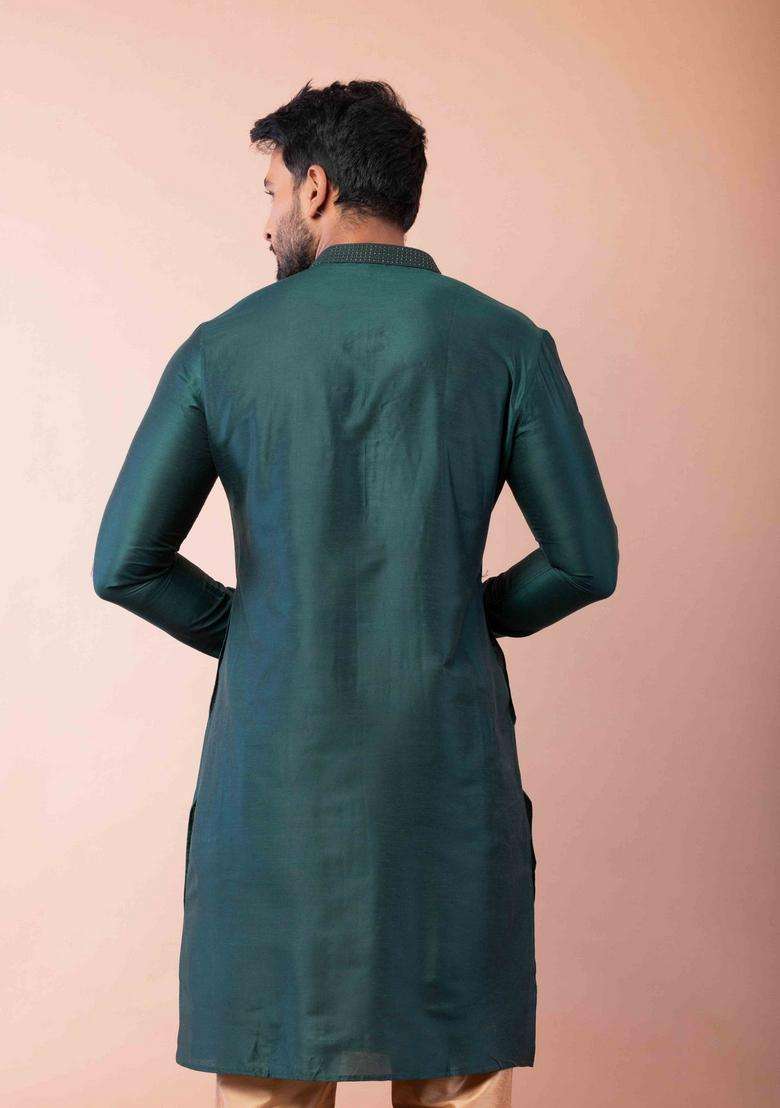 Green Embroidery Silk Kurta For Men - Indya