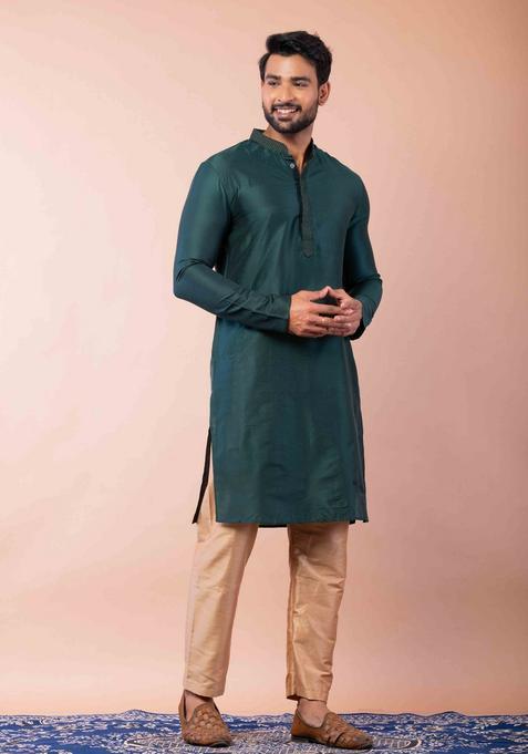 Green Embroidery Silk Kurta Set For Men