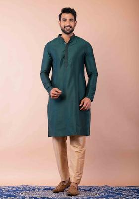 Green Embroidery Silk Kurta For Men