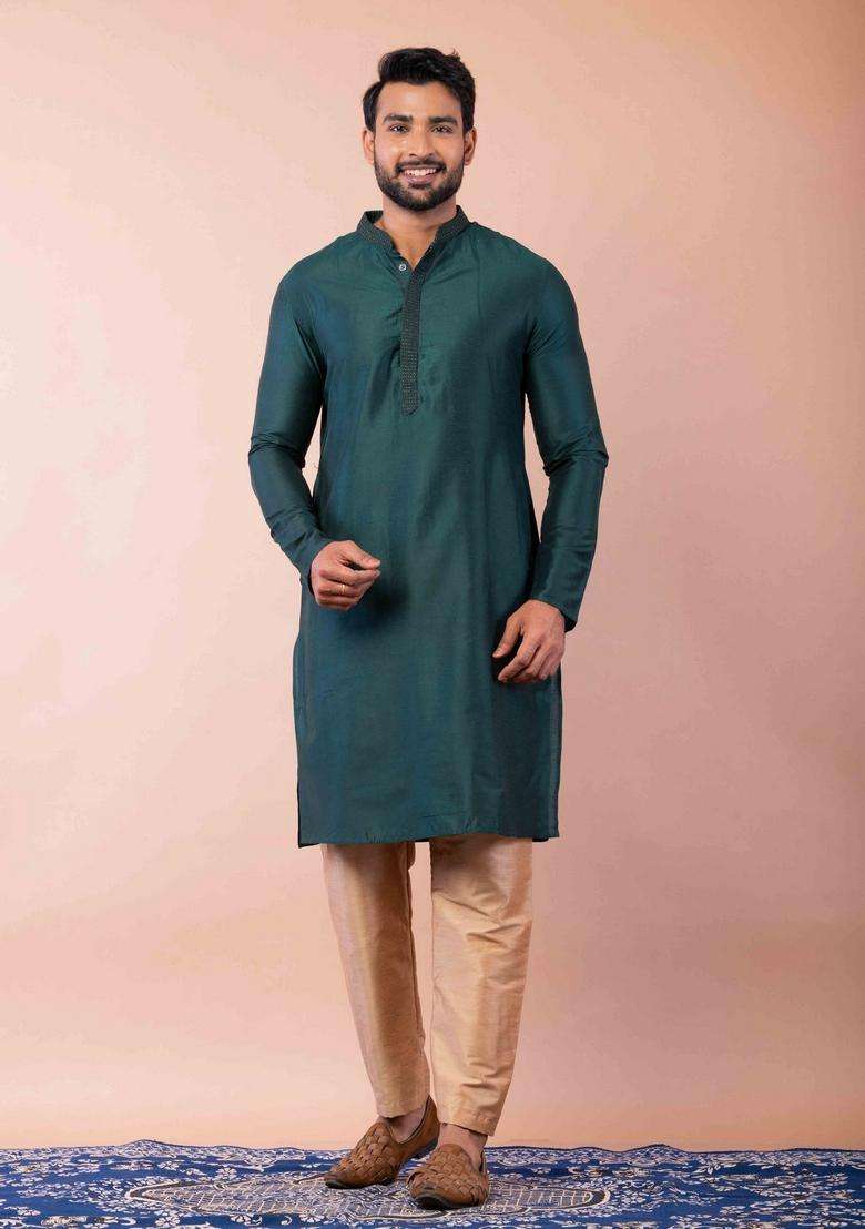 Green Embroidery Silk Kurta For Men - Indya