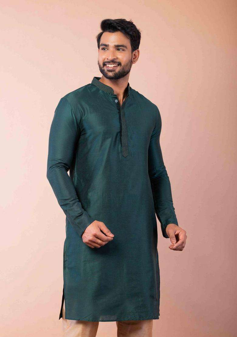 Green Embroidery Silk Kurta For Men - Indya
