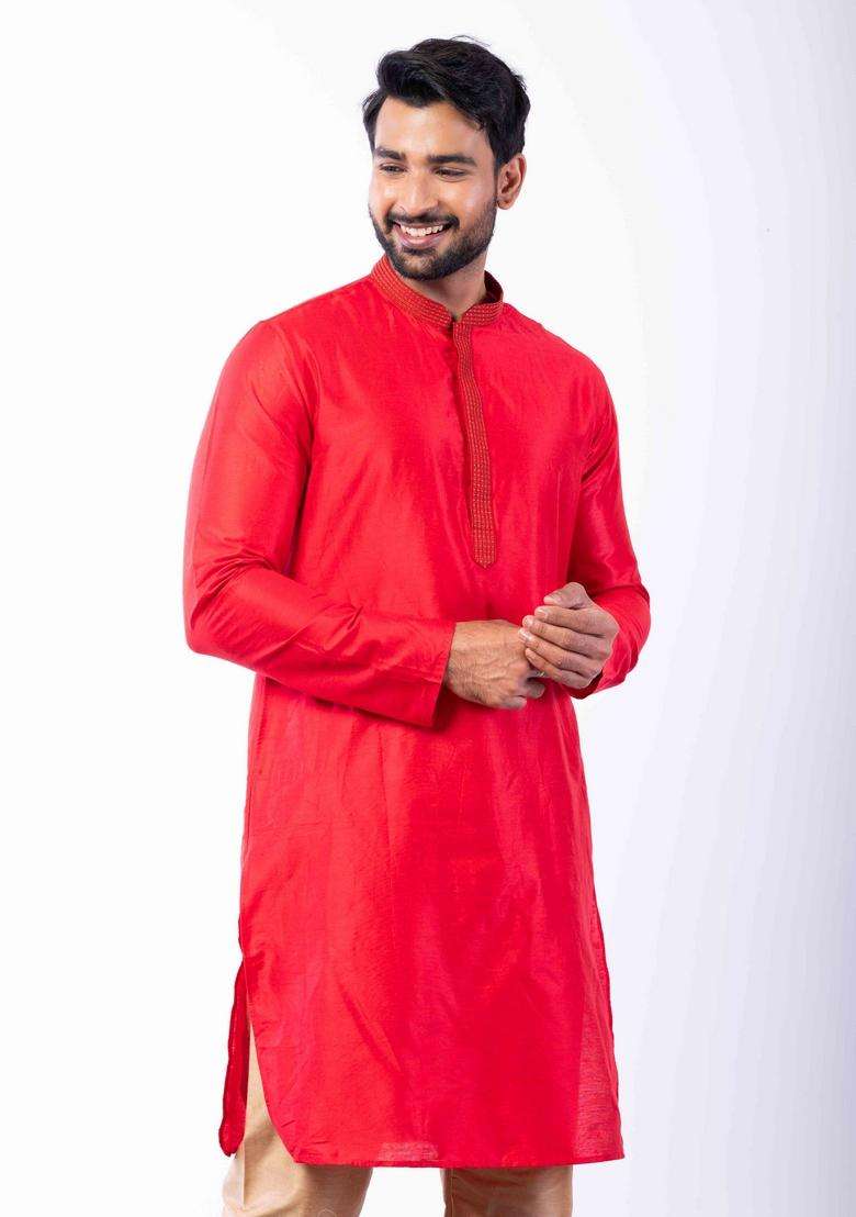 Red Embroidery Silk Blend Kurta Set For Men - Indya