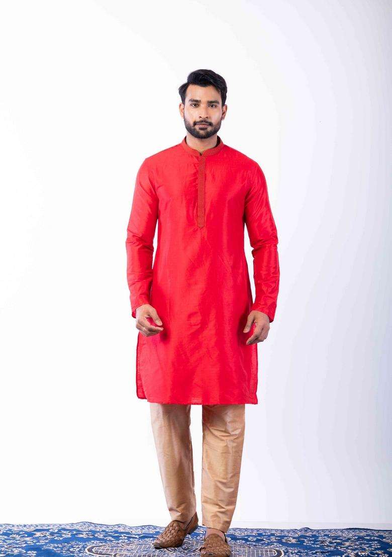 Red Embroidery Silk Blend Kurta Set For Men - Indya