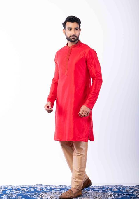 Red Embroidery Silk Kurta Set For Men