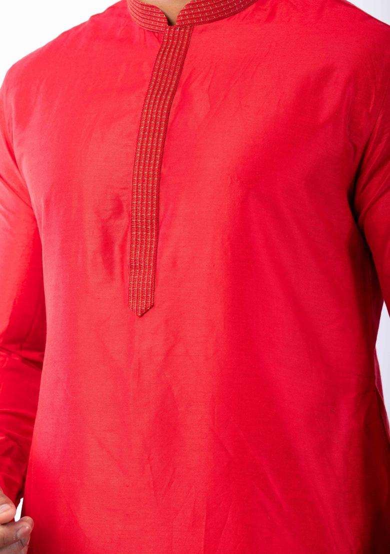 Red Embroidery Silk Blend Kurta Set For Men - Indya