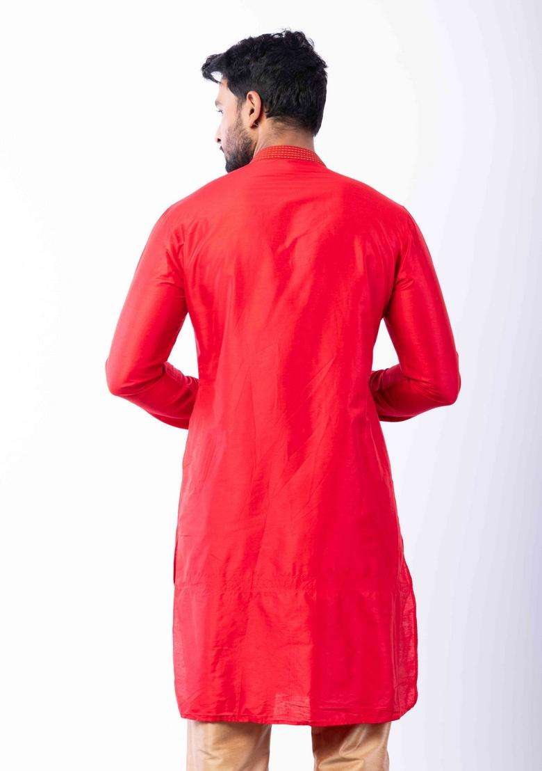 Red Embroidery Silk Blend Kurta For Men - Indya