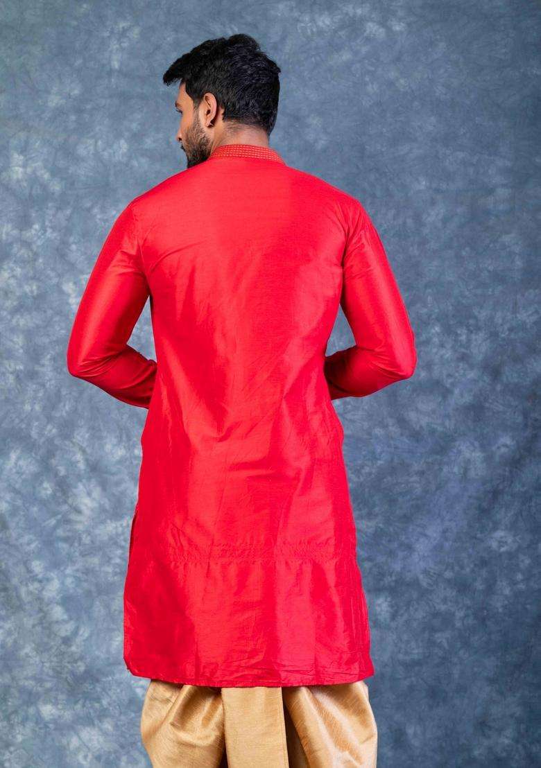 Red Embroidery Silk Blend Kurta Set For Men - Indya