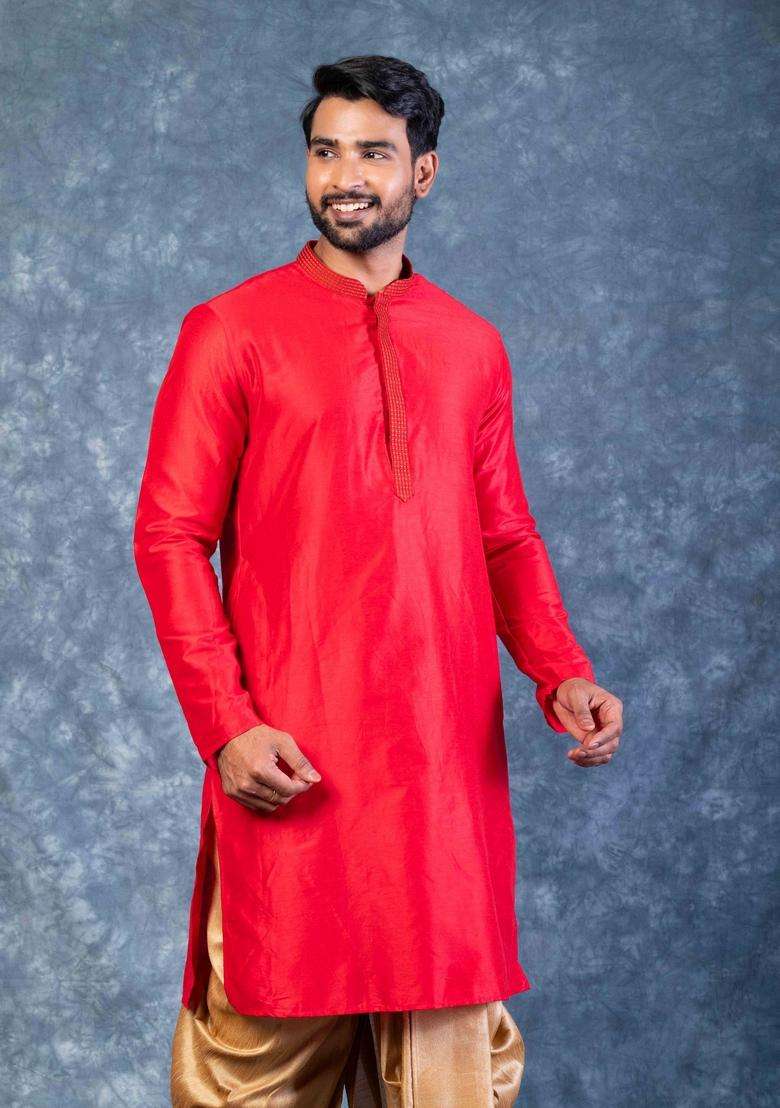 Red Embroidery Silk Blend Kurta For Men - Indya