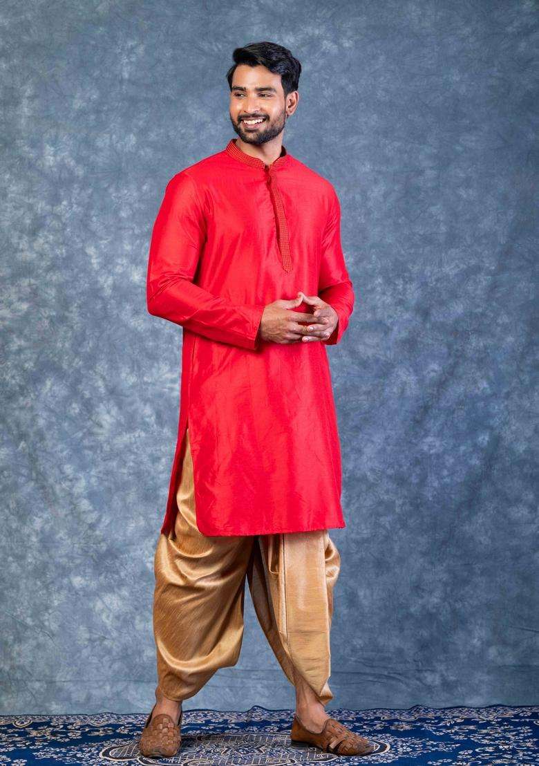 Red Embroidery Silk Blend Kurta For Men - Indya
