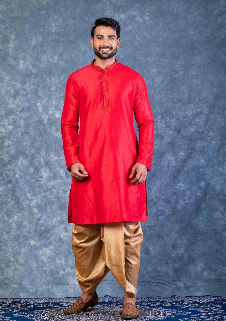 Red Embroidery Silk Blend Dhoti Set For Men - Indya
