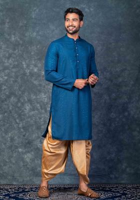 Cream Embroidery Silk Kurta Set For Men