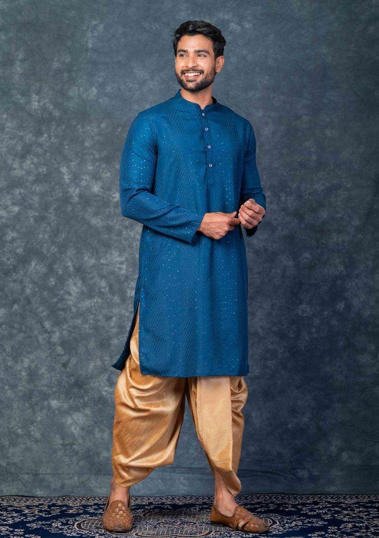 Cream Embroidery Silk Blend Dhoti Set For Men - Indya