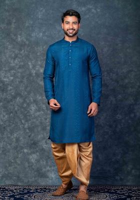 Cream Embroidery Silk Blend Kurta For Men