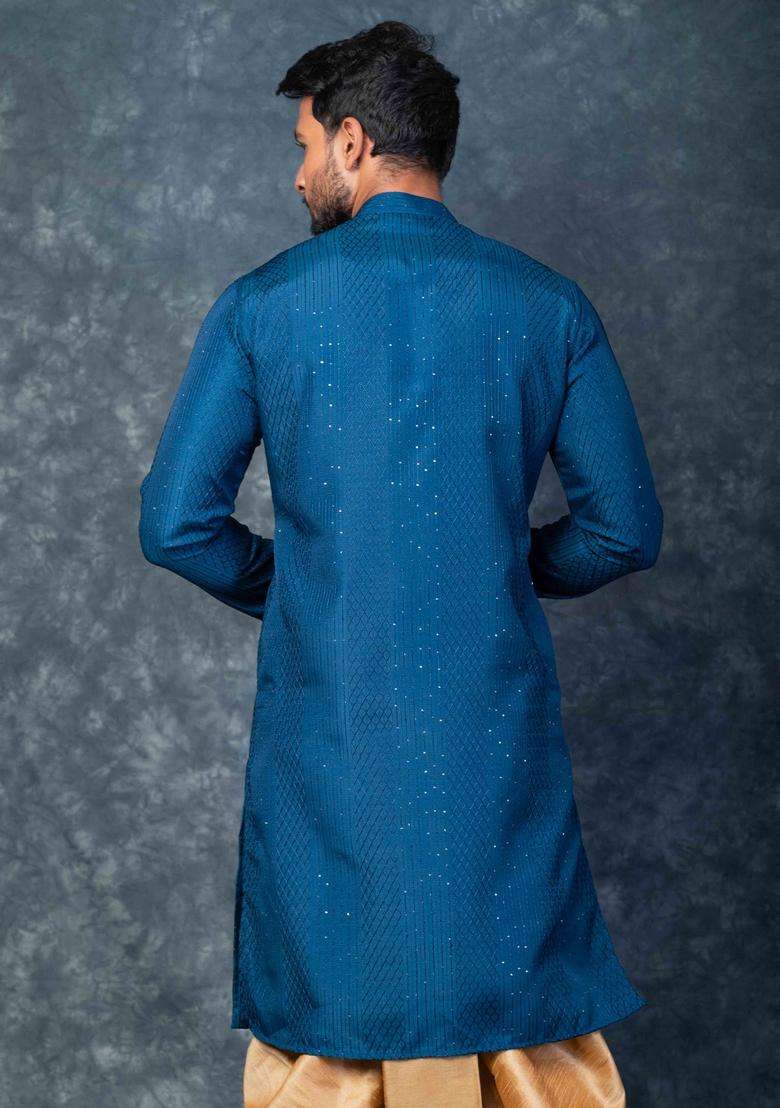 Cream Embroidery Silk Blend Kurta For Men - Indya