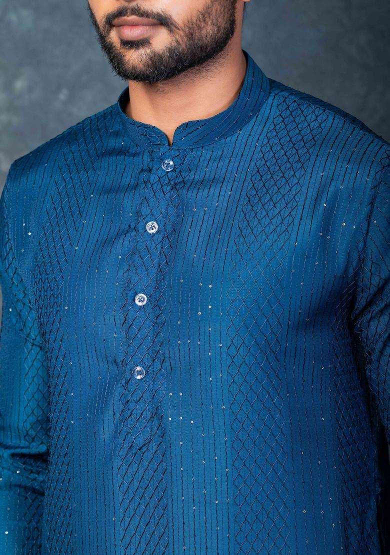 Cream Embroidery Silk Blend Kurta For Men - Indya