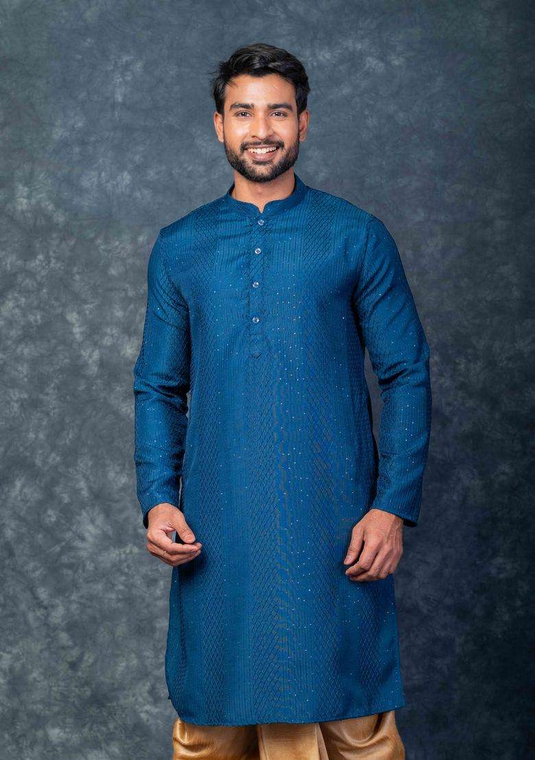 Cream Embroidery Silk Blend Kurta Set For Men - Indya