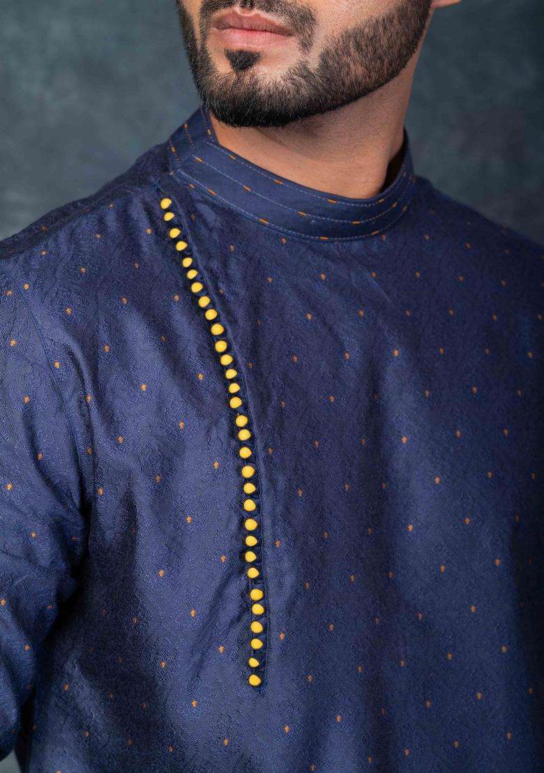 Navy Blue Embroidery Silk Blend Kurta Set For Men - Indya