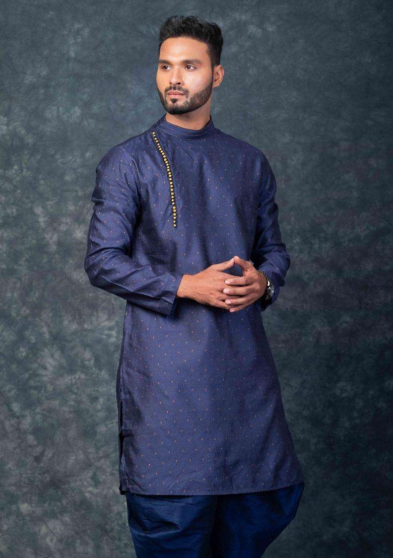Navy Blue Embroidery Silk Kurta For Men - Indya