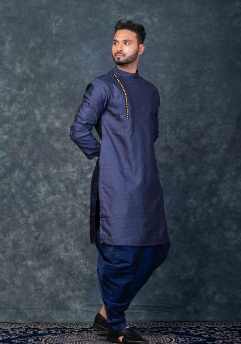 Navy Blue Embroidery Silk Kurta For Men