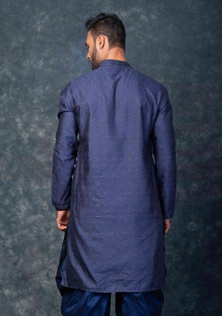 Navy Blue Embroidery Silk Kurta Set For Men - Indya