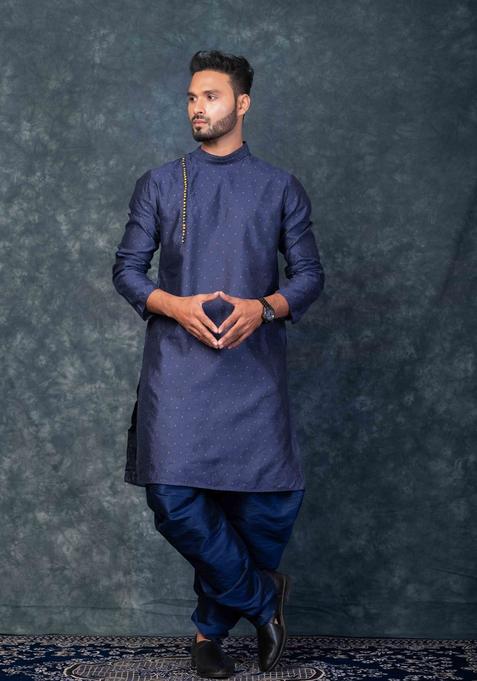 Navy Blue Embroidery Silk Kurta Set For Men