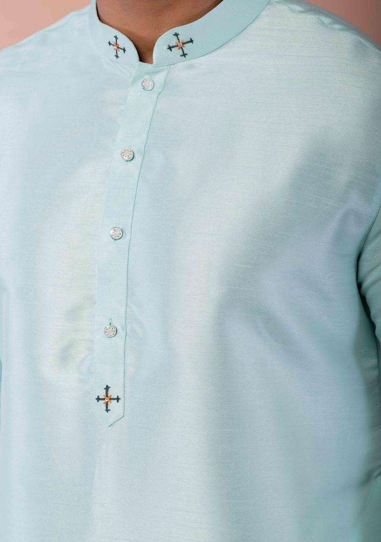 Sky Blue Embroidery Silk Kurta Set For Men - Indya