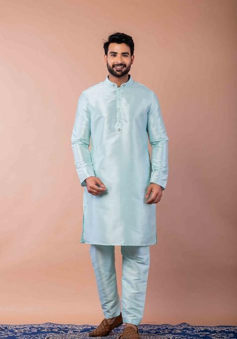 Sky Blue Embroidery Silk Kurta Set For Men