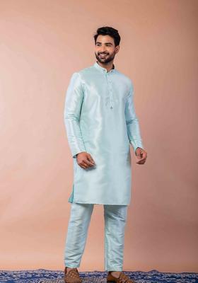 Sky Blue Embroidery Silk Kurta Set For Men