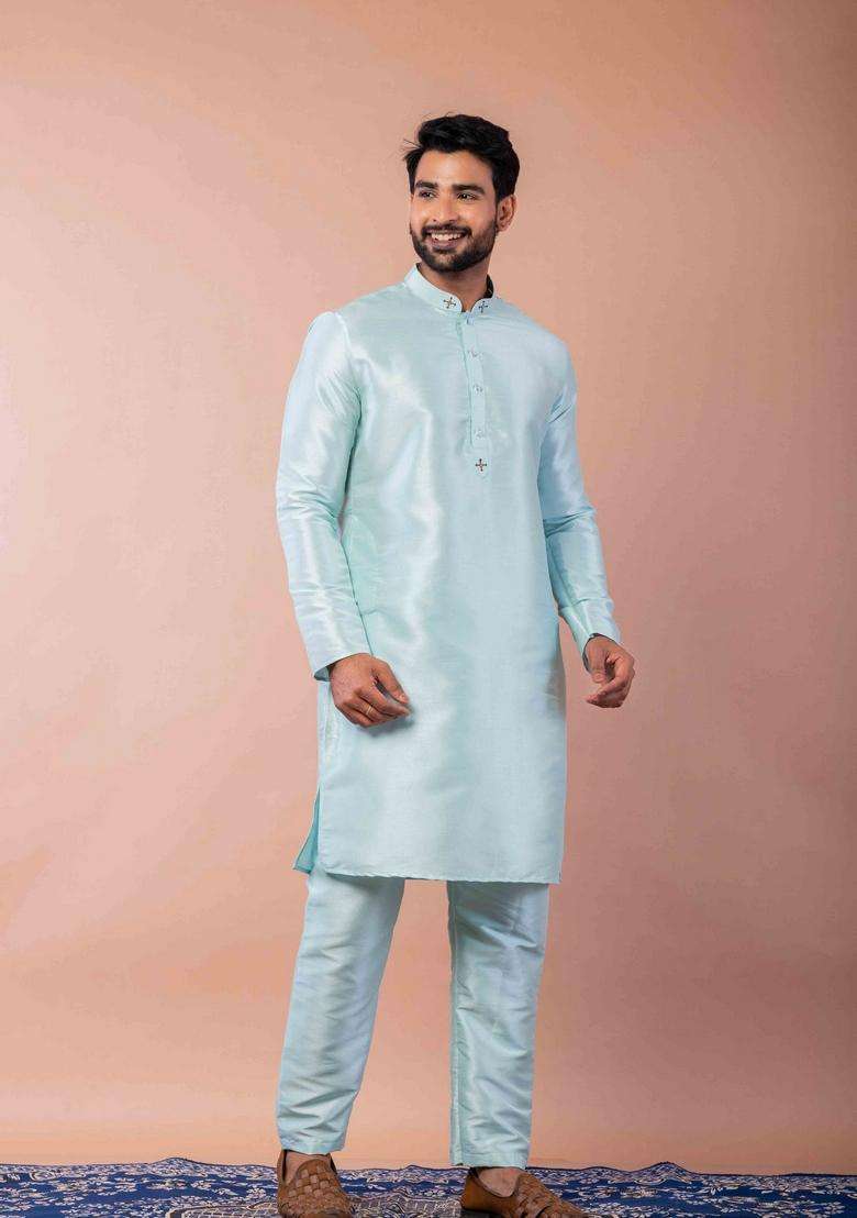 Sky Blue Embroidery Silk Kurta Set For Men - Indya