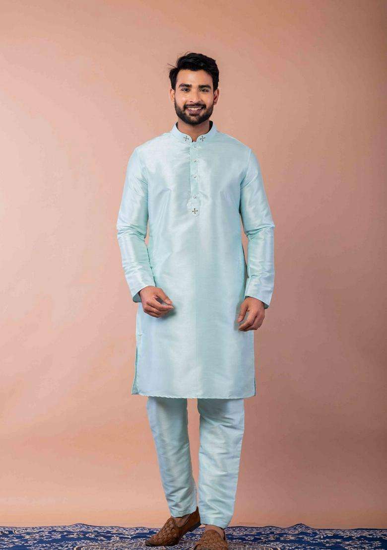 Sky Blue Embroidery Silk Kurta Set For Men - Indya