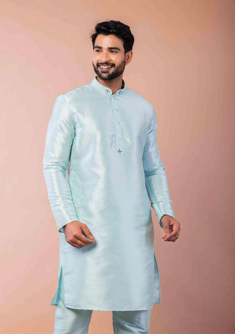 Sky Blue Embroidery Silk Kurta Set For Men - Indya