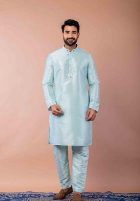 Sky Blue Embroidery Silk Kurta For Men