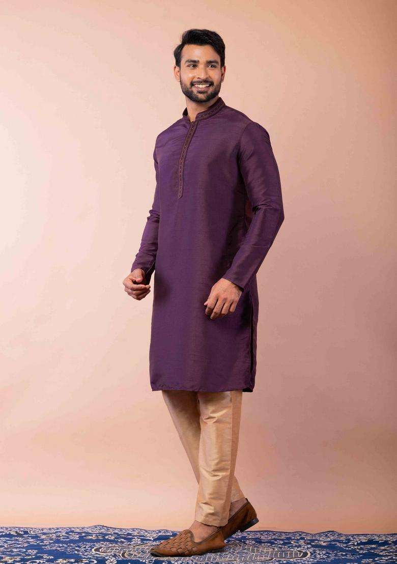 Purple Embroidery Silk Blend Kurta Set For Men - Indya