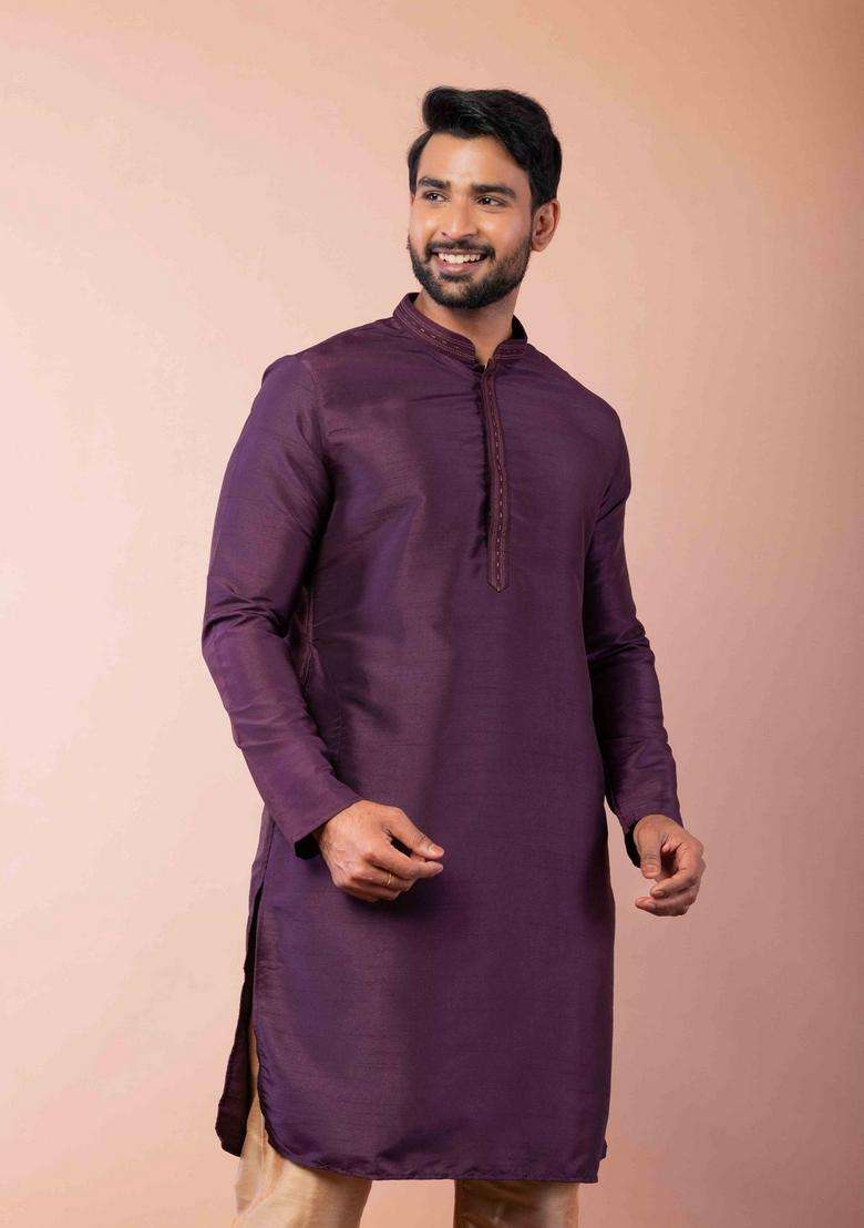 Purple Embroidery Silk Blend Kurta Set For Men - Indya