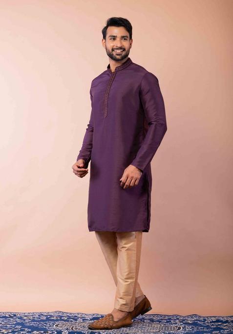 Purple Embroidery Silk Kurta Set For Men