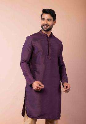 Purple Embroidery Silk Kurta Set For Men