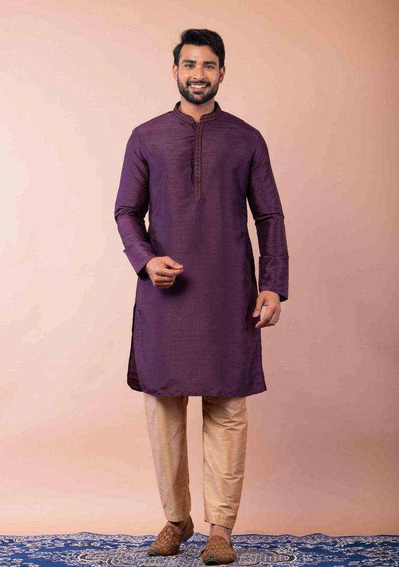 Purple Embroidery Silk Kurta Set For Men - Indya