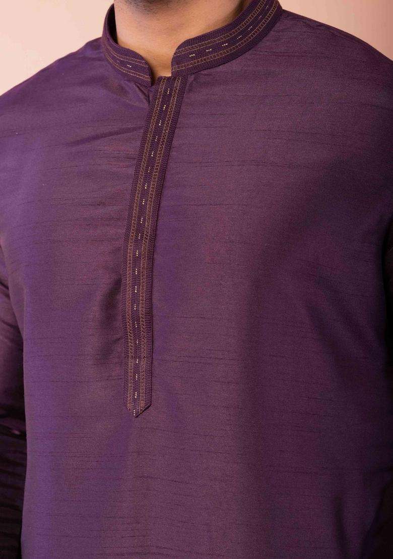 Purple Embroidery Silk Kurta Set For Men - Indya