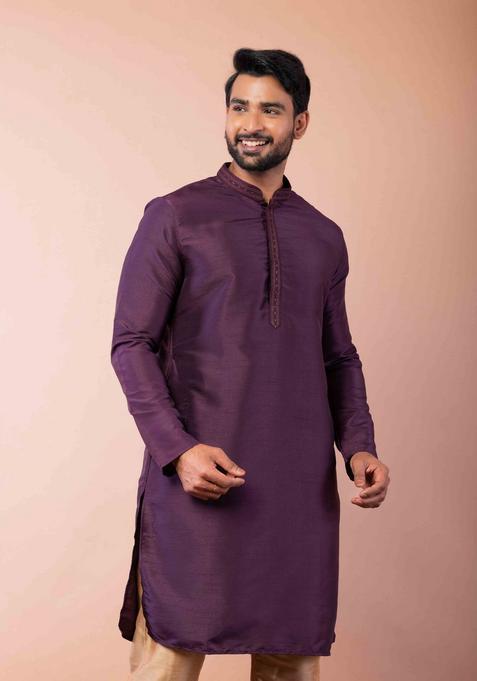 Purple Embroidery Silk Kurta Set For Men