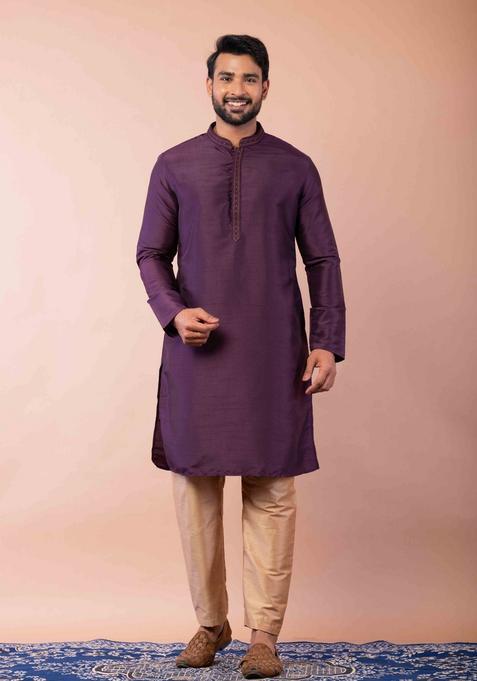 Purple Embroidery Silk Kurta For Men