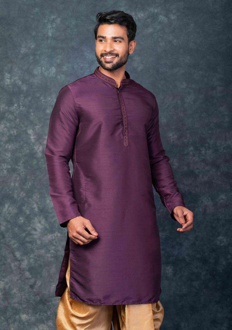 Purple Embroidery Silk Blend Kurta Set For Men - Indya