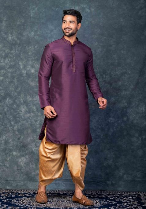 Purple Embroidery Silk Kurta Set For Men