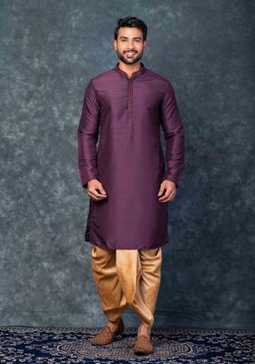 Purple Embroidery Silk Blend Dhoti Set For Men