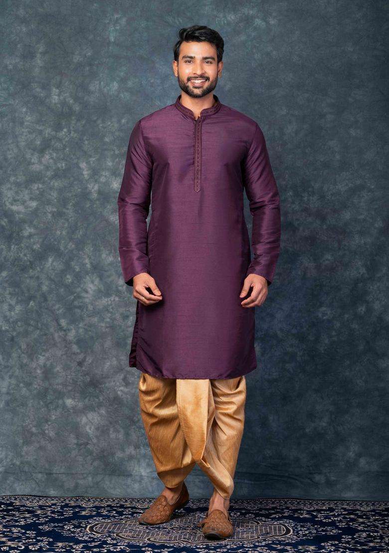 Purple Embroidery Silk Blend Dhoti Set For Men - Indya