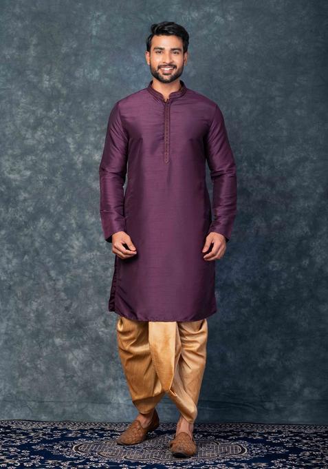 Purple Embroidery Silk Dhoti Set For Men