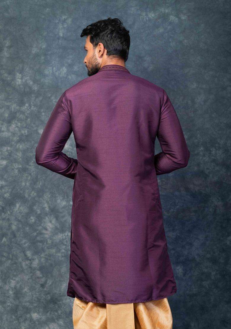 Purple Embroidery Silk Kurta Set For Men - Indya
