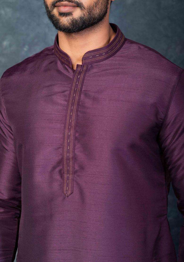 Purple Embroidery Silk Kurta Set For Men - Indya